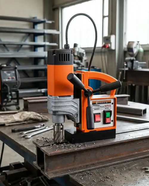 Rotabroach portable magnetic drill hire with annular cutter and coolant system in Hireload equipment workshop