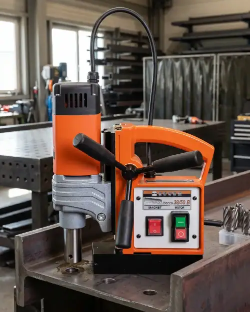 Rotabroach Piccolo 38/50 B magnetic drill hire in workshop showing magnet and motor controls for steelwork drilling