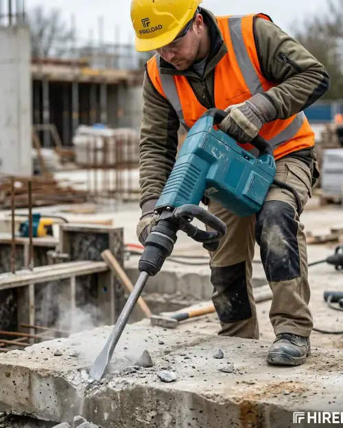 Worker in hi-vis breaking concrete with Bosch SDS Max medium duty demolition hammer on London construction site
