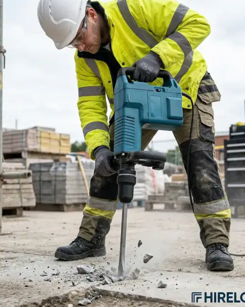 Worker in hi-vis and hard hat operating Bosch SDS Max medium duty breaker hire on outdoor London construction site