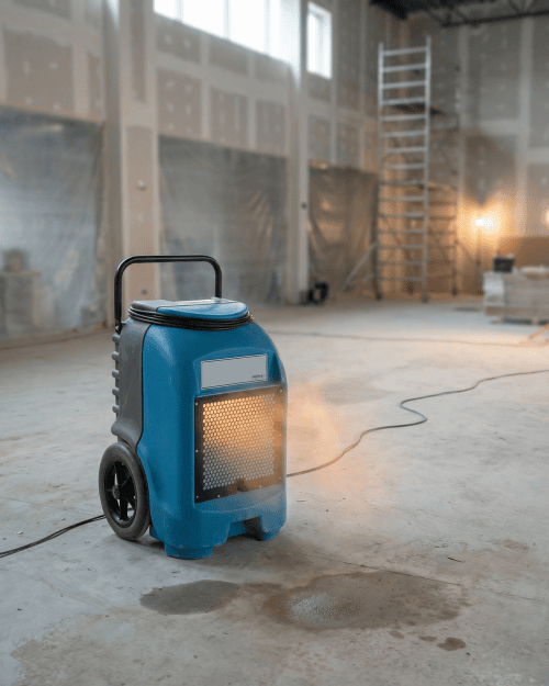 55L Industrial Dehumidifier Hire London | Dri-Eaz DrizAir 1200 (230V) 17 Dri-Eaz DrizAir 1200 industrial dehumidifier drying a flooded domestic room with wet floor