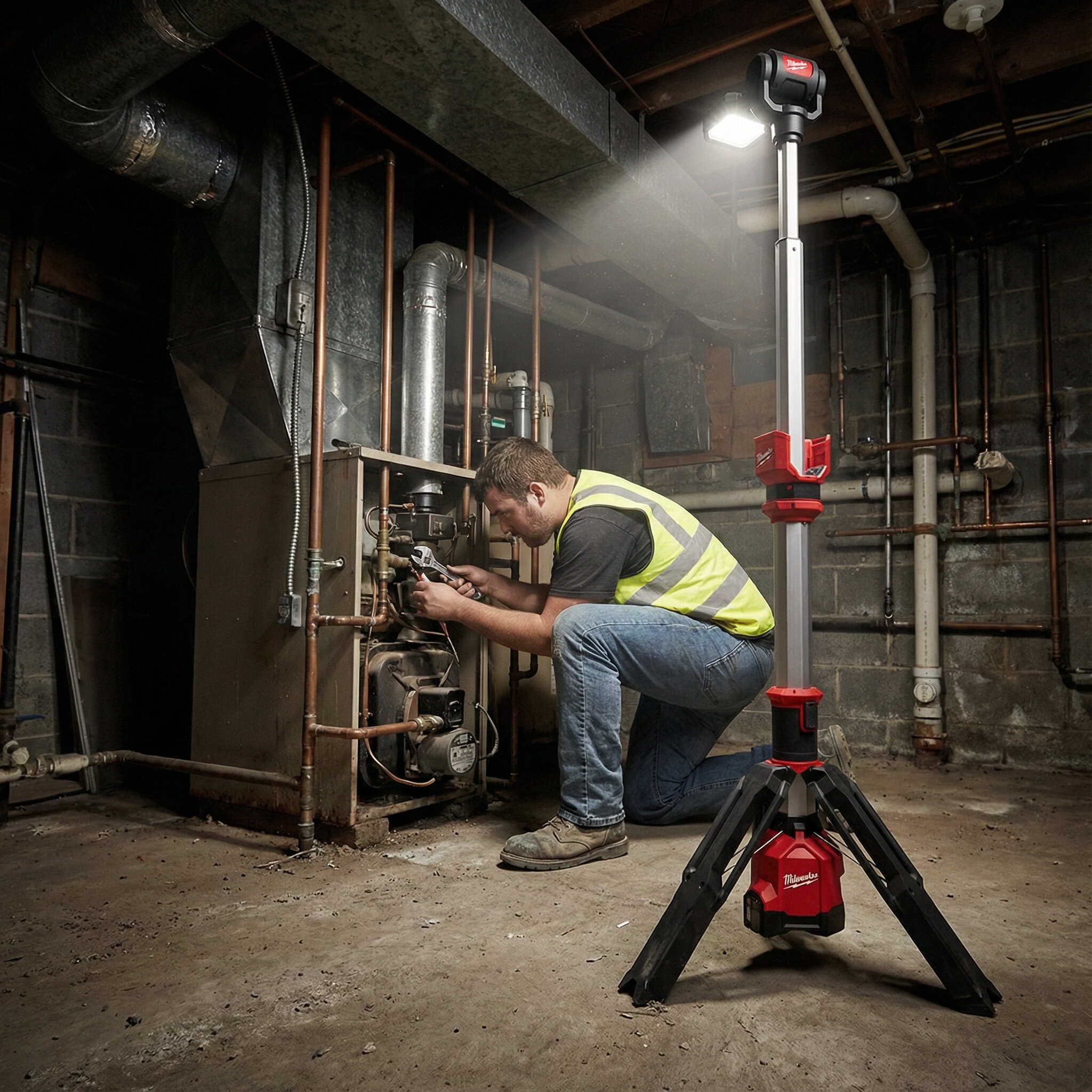 LED Tripod Work Light Hire London | Milwaukee Single-Head Site Light 1 Technician using Milwaukee M12 cordless tripod stand light while servicing boiler in dark basement - LED Tripod Site Work Light
