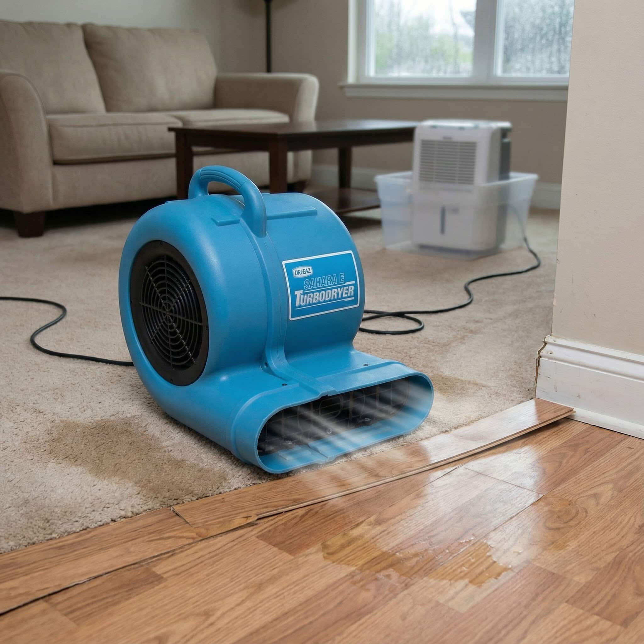 Air Mover Hire – Carpet & Floor Dryer (240V) 1 Dri-Eaz Sahara carpet dryer air mover hire drying a living room floor after a domestic flood