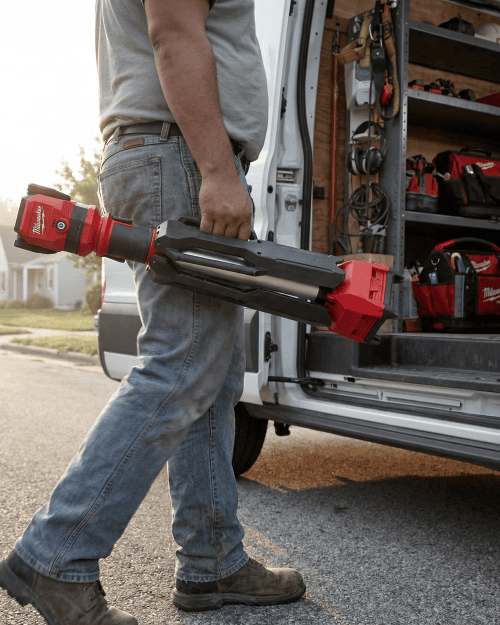 LED Tripod Work Light Hire London | Milwaukee Single-Head Site Light 7 Milwaukee M12 cordless stand light illuminating night-time repair on construction vehicle
