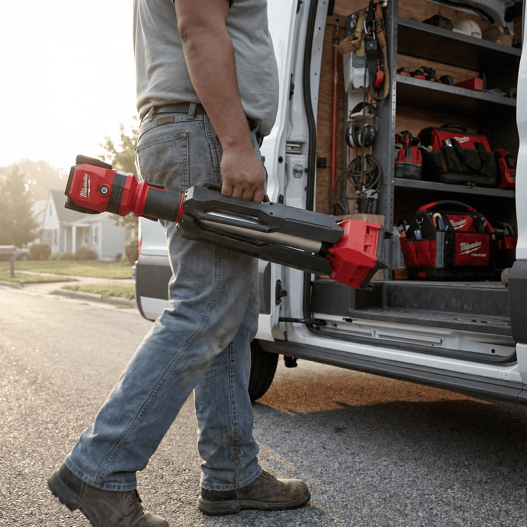 LED Tripod Work Light Hire London | Milwaukee Single-Head Site Light 4 Milwaukee M12 cordless stand light illuminating night-time repair on construction vehicle
