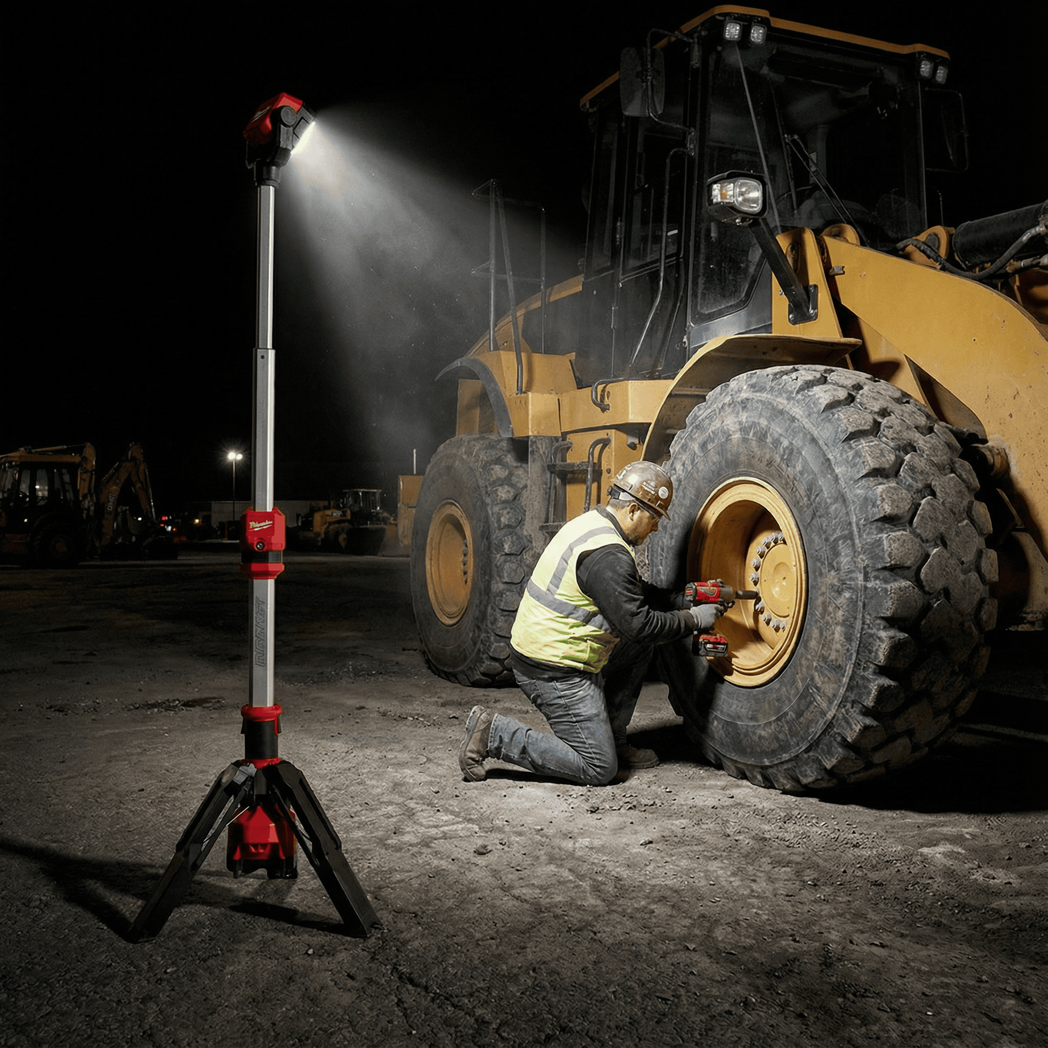 LED Tripod Work Light Hire London | Milwaukee Single-Head Site Light 3 Milwaukee M12 cordless stand light illuminating night-time repair on construction vehicle