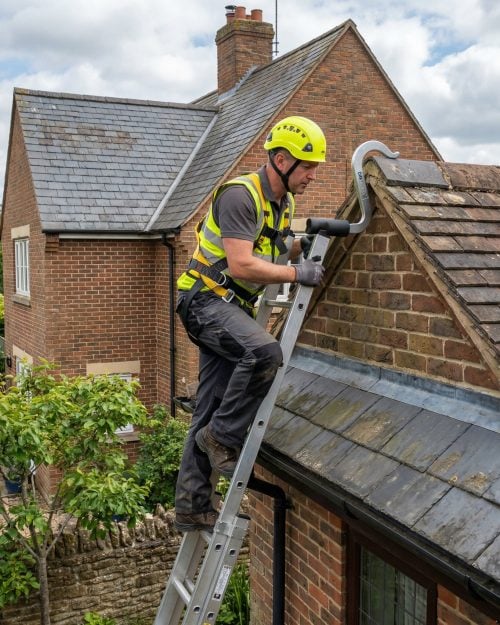 Roof ladder securely positioned on a pitched roof for safe roof access and inspection work.