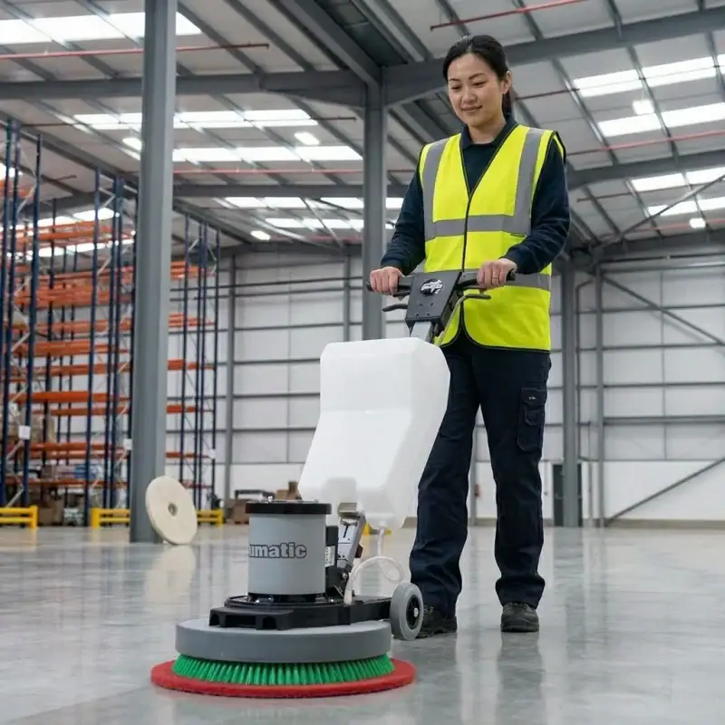 Woman in hi-vis vest operating rotary floor scrubber hire on polished concrete floor in a London warehouse