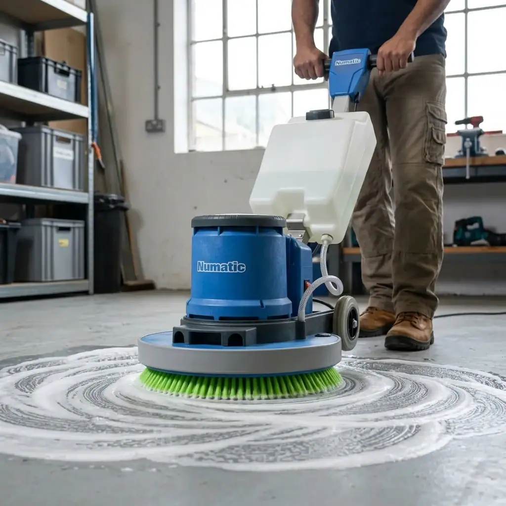 Rotary Floor Scrubber and Buffer Hire London | 240V Floor Polisher (RCD Included) 1 Hireload rotary floor scrubber hire being used on commercial carpet in a London office building.