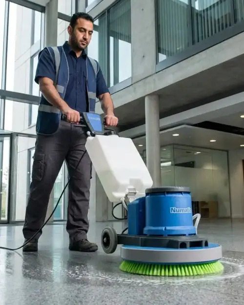 Rotary Floor Scrubber and Buffer Hire London | 240V Floor Polisher (RCD Included) 12 Close-up of rotary floor scrubber hire brush head scrubbing a concrete floor with cleaning solution foam