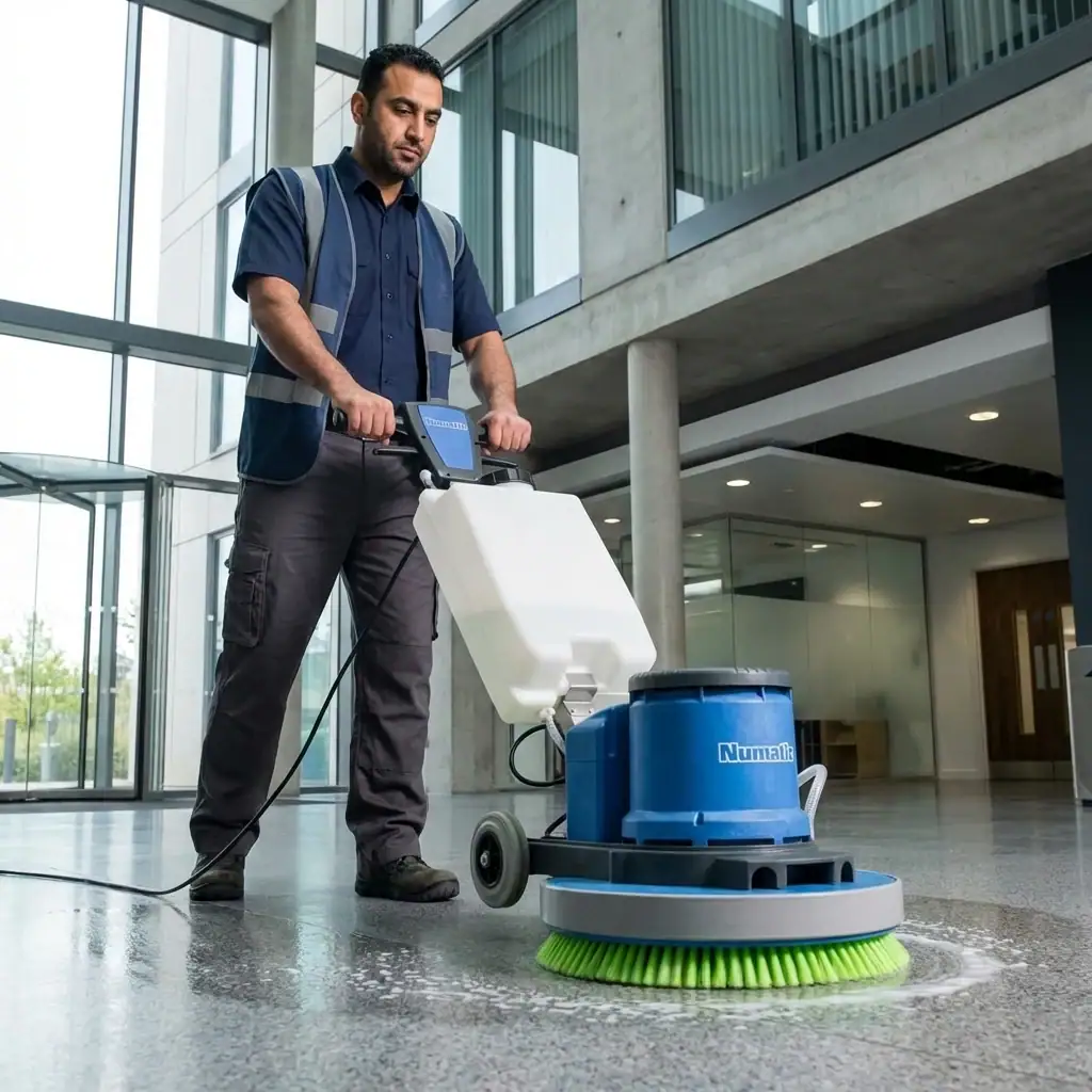 Rotary Floor Scrubber and Buffer Hire London | 240V Floor Polisher (RCD Included) 6 Close-up of rotary floor scrubber hire brush head scrubbing a concrete floor with cleaning solution foam
