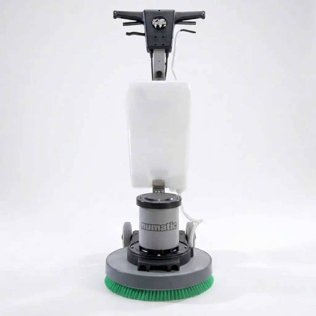 Rotary Floor Scrubber and Buffer Hire London | 240V Floor Polisher (RCD Included) 2 Numatic rotary floor scrubber and buffer hire London – 240V floor polishing machine with green brush.