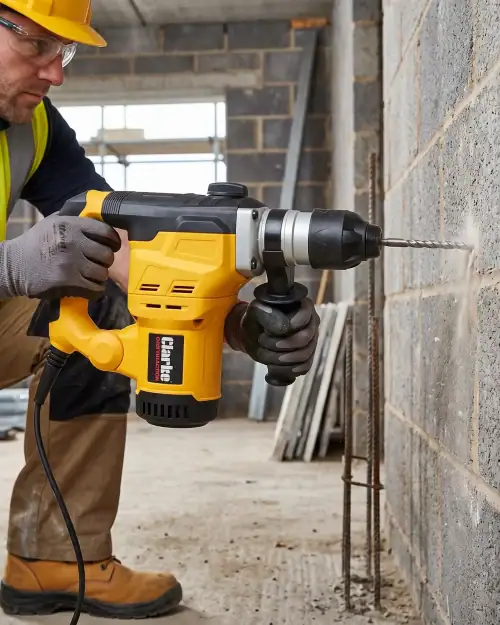Worker in hard hat drilling into masonry block wall with DeWalt SDS Plus rotary hammer drill on construction site