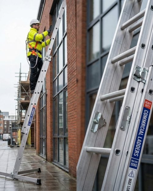 Trade triple extension ladder extended against an industrial building for exterior access and repair work.