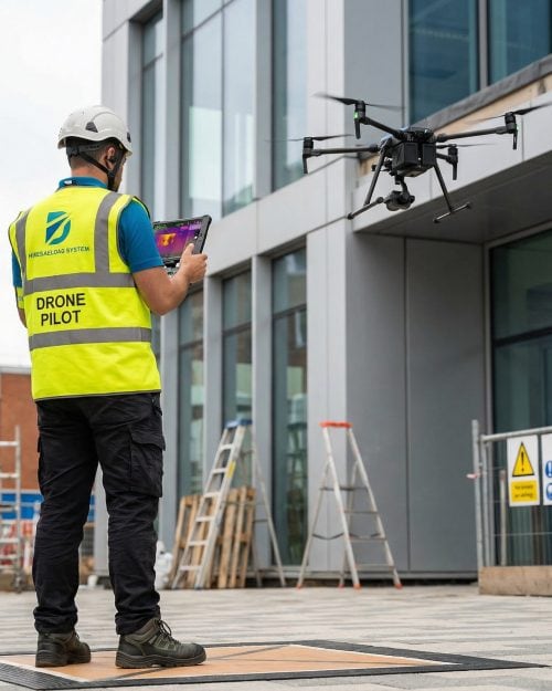 Drone Surveying & Mapping | Accurate Reliable Site Data & Deliverables 6 Certified drone pilot in hi-vis vest operating a DJI surveying drone near a commercial building