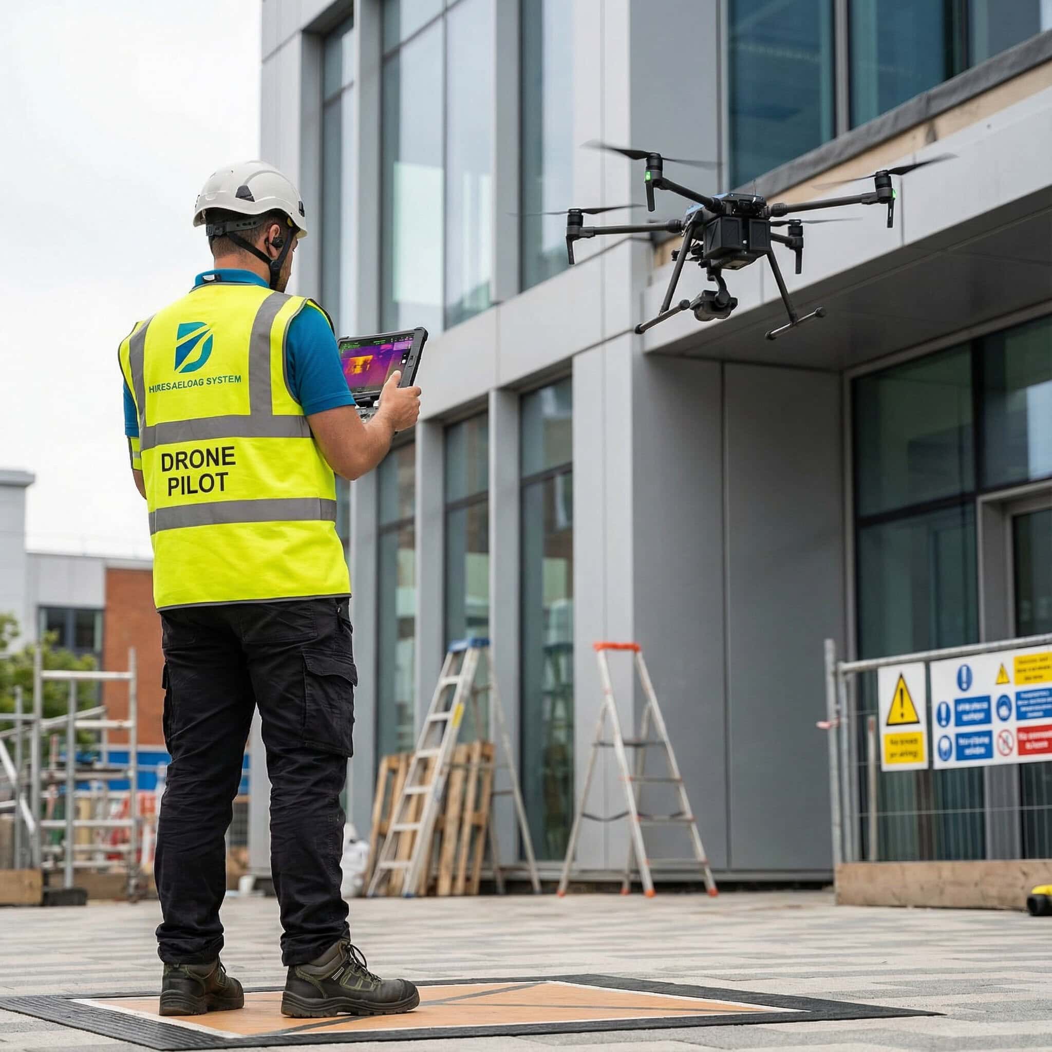 Drone Surveying & Mapping | Accurate Reliable Site Data & Deliverables 3 Certified drone pilot in hi-vis vest operating a DJI surveying drone near a commercial building