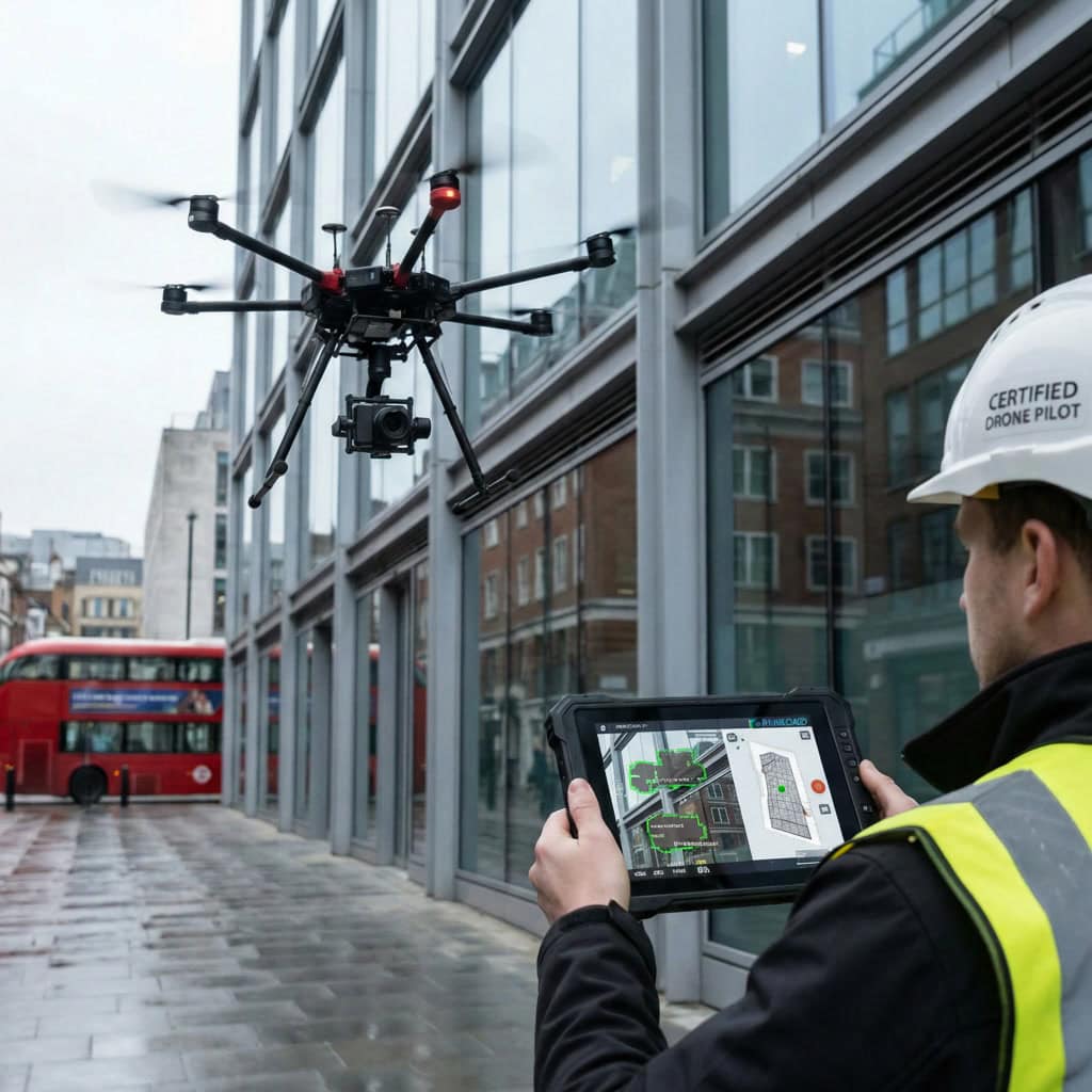 Drone Roof Inspection London | Commercial and Residential Roof and Building Checks 2 Commercial building façade inspection using a DJI inspection drone operated by Hireload in London - Hireload blog