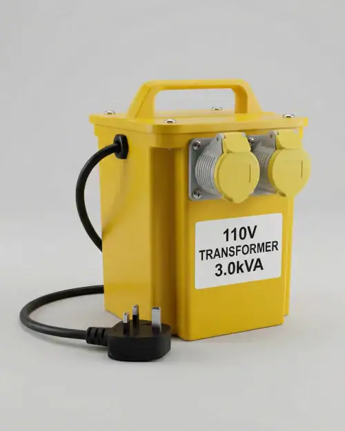 3kVA 110V site transformer product shot showing yellow casing with carry handle and output sockets