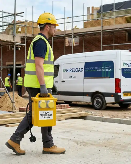 3kVA 110V Site Transformer Hire London 14 Hireload delivery van dropping off 3kVA 110V site transformer to construction worker on site