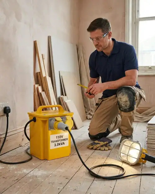 3kVA 110V Site Transformer Hire London 22 Electrician with safety glasses measuring during renovation with 3kVA transformer providing safe 110V power