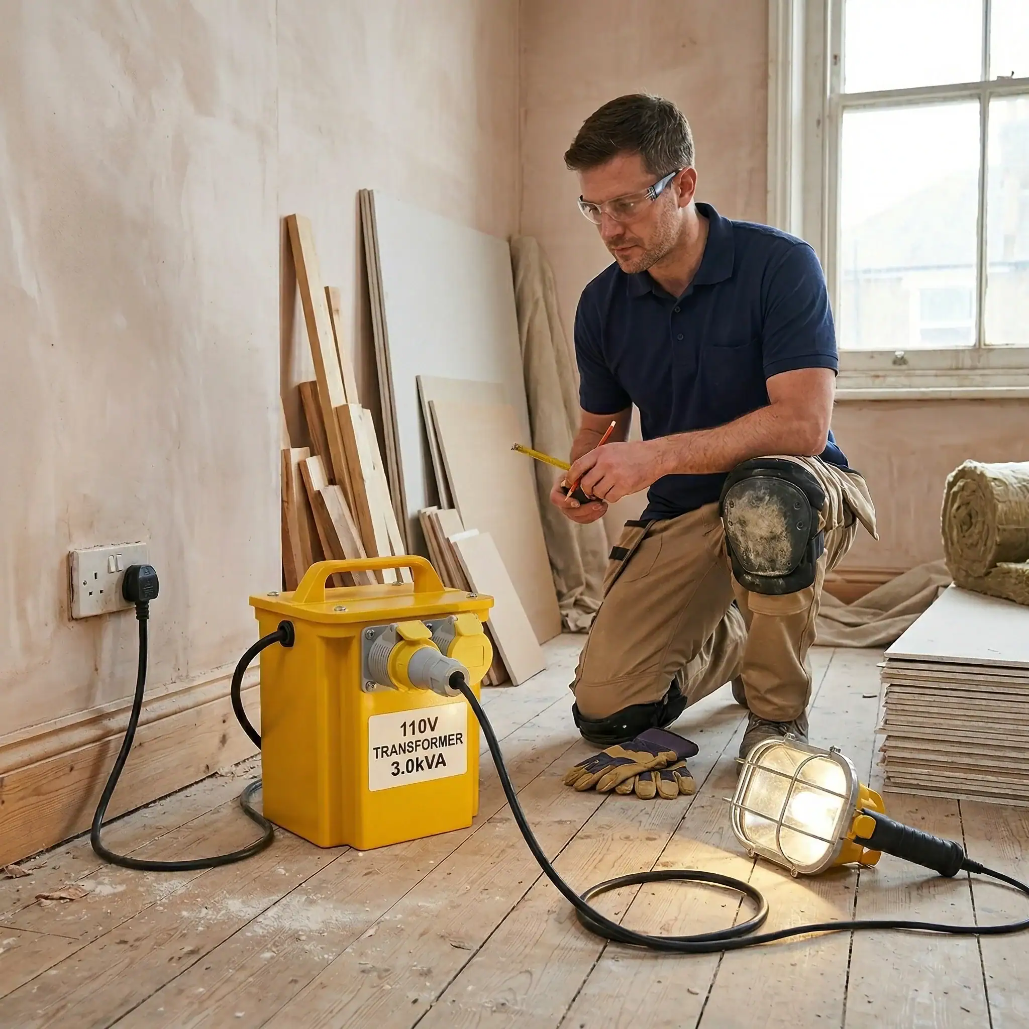 3kVA 110V Site Transformer Hire London 11 Electrician with safety glasses measuring during renovation with 3kVA transformer providing safe 110V power