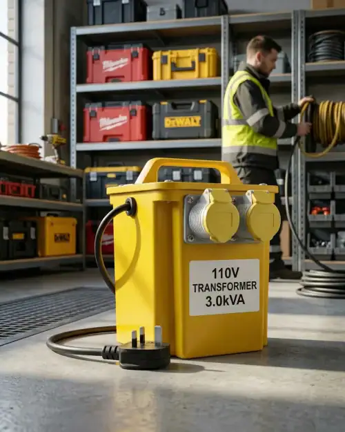 Yellow 3kVA 110V site transformer in workshop with power tool cases and equipment behind