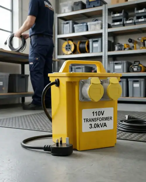 3kVA 110V Site Transformer Hire London 16 3kVA 110V site transformer on workshop bench with DeWalt power tools and equipment behind