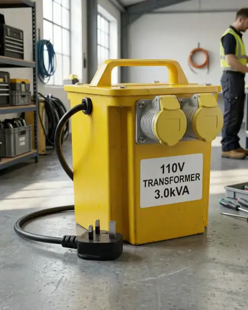 3kVA 110V Site Transformer Hire London 17 Close-up of 3kVA 110V transformer showing rating label and 16A output sockets in workshop