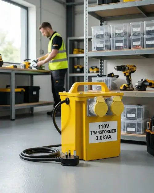3kVA 110V Site Transformer Hire London 18 Worker selecting power tools from storage shelves with 3kVA site transformer ready for use