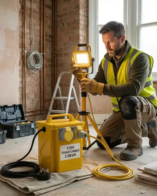 3kVA 110V Site Transformer Hire London 19 Worker holding LED site light powered by 3kVA transformer during indoor renovation project