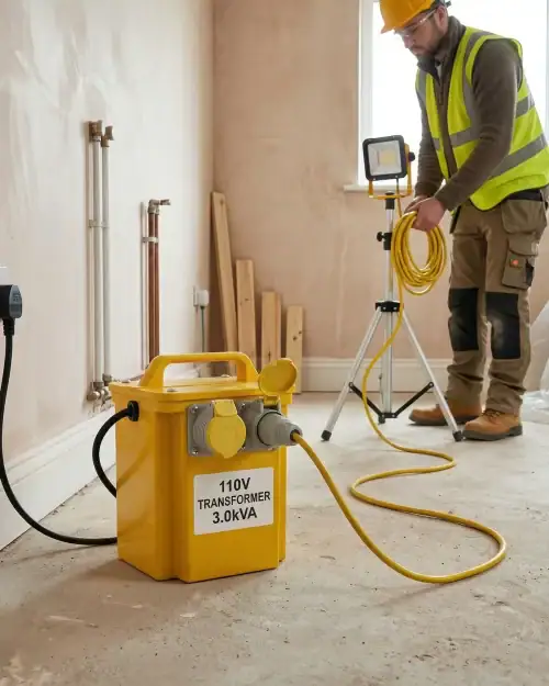 3kVA 110V Site Transformer Hire London 20 Construction worker plugging 3kVA 110V transformer into mains socket in room under renovation