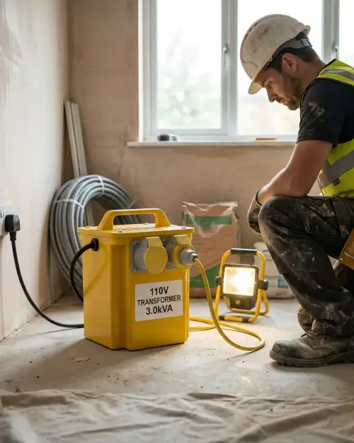 3kVA 110V Site Transformer Hire London 21 Tradesman using 110V power tool connected to 3kVA site transformer during home renovation