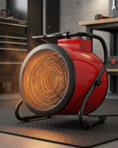 9kW Industrial Electric Heater Hire (3-Phase) – Portable Site Space Heater 7 Close-up of 9kW industrial fan heater glowing element providing warmth in workshop space on hire