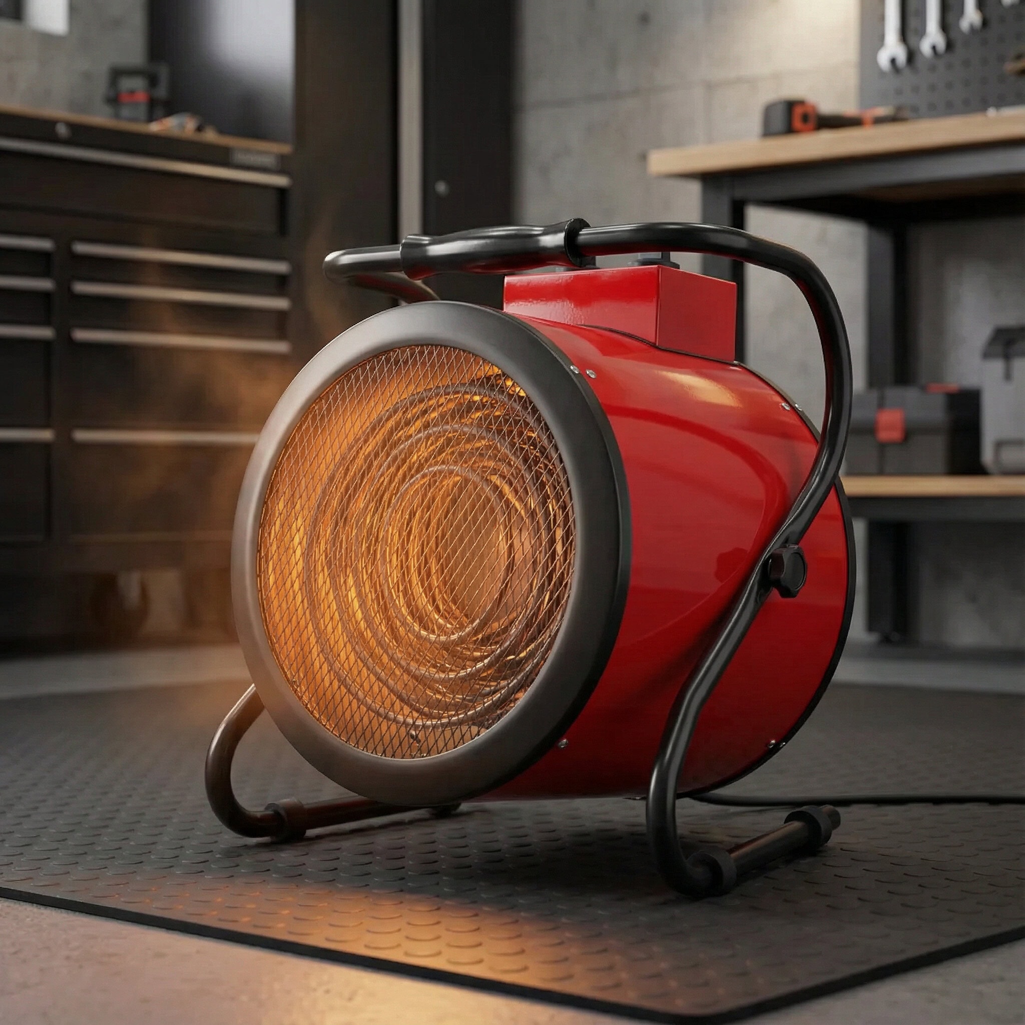 9kW Industrial Electric Heater Hire (3-Phase) – Portable Site Space Heater 4 Close-up of 9kW industrial fan heater glowing element providing warmth in workshop space on hire