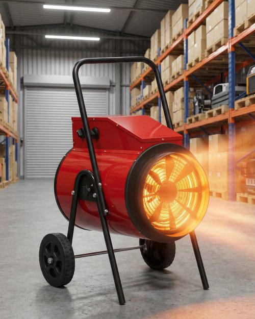 15kW industrial fan electric heater hire warming a large warehouse floor