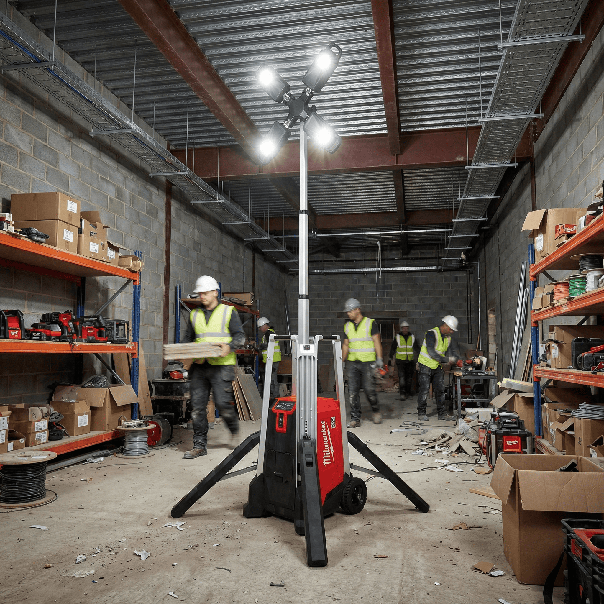 Rechargeable Lighting Tower Hire London | Milwaukee MX FUEL 3.1m LED Work Tower (27,000 Lumens) 1 Milwaukee MX FUEL LED lighting tower illuminating an indoor construction site with workers and materials - Lighting Tower Hire London | Powerful Milwaukee MX FUEL 3.1m Work Tower 27,000 Lumens