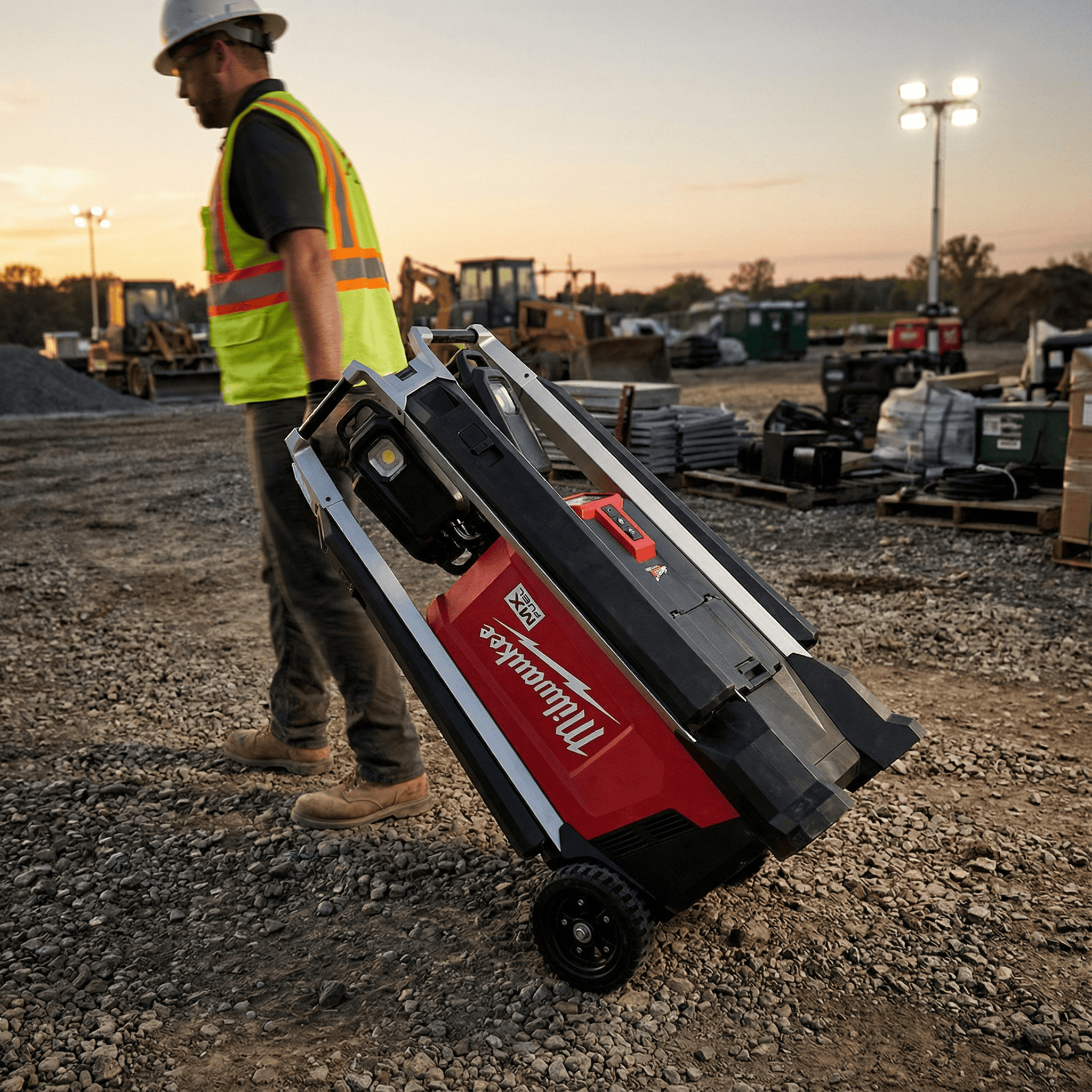 Rechargeable Lighting Tower Hire London | Milwaukee MX FUEL 3.1m LED Work Tower (27,000 Lumens) 4 Construction worker wheeling a folded Milwaukee MX FUEL lighting tower across a rough jobsite