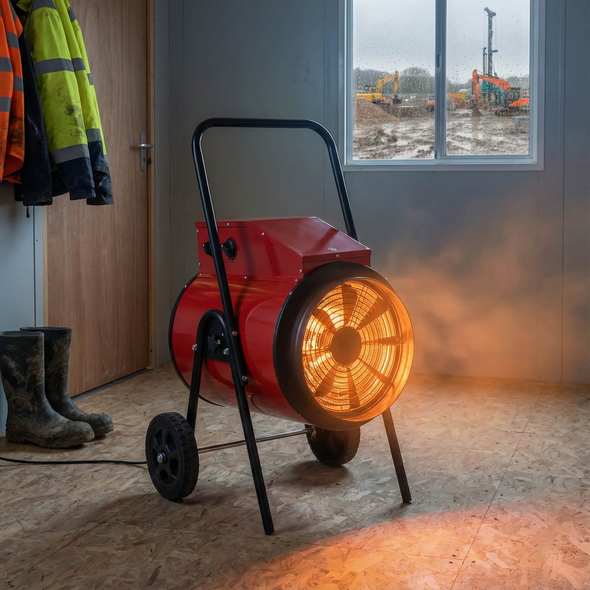15kW industrial fan heater heating a construction site welfare cabin