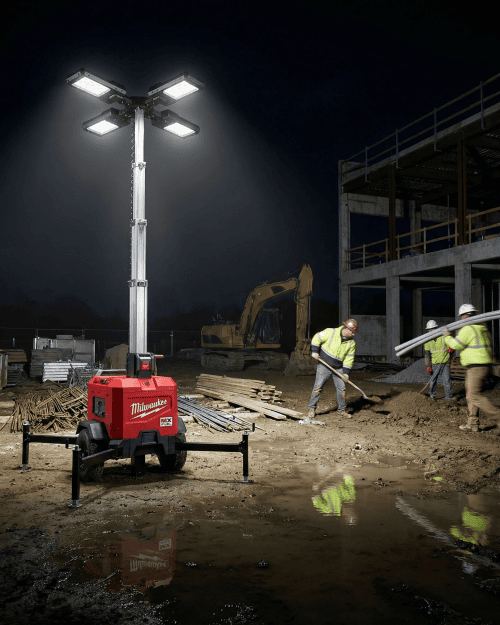Rechargeable Lighting Tower Hire London | Milwaukee MX FUEL 3.1m LED Work Tower (27,000 Lumens) 6 Milwaukee MX FUEL 3.1m lighting tower lighting up a night-time outdoor construction site.