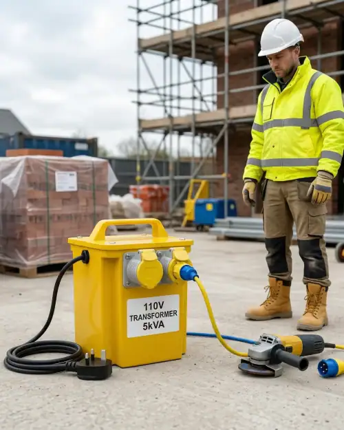 Construction worker setting up 5kVA 110V site transformer to power angle grinder on building site