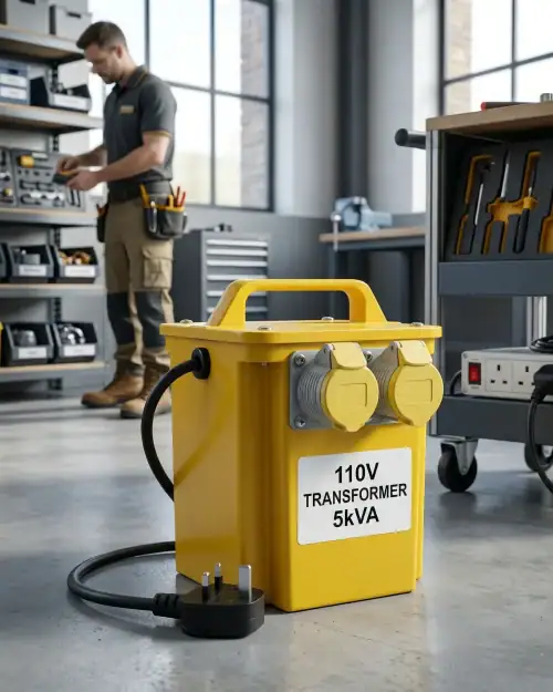 5kVA 110V transformer in tool storage room ready for hire with equipment shelving behind