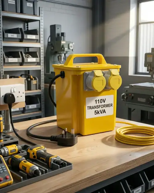 5kVA 110V site transformer on workshop bench with extension leads and hand tools nearby