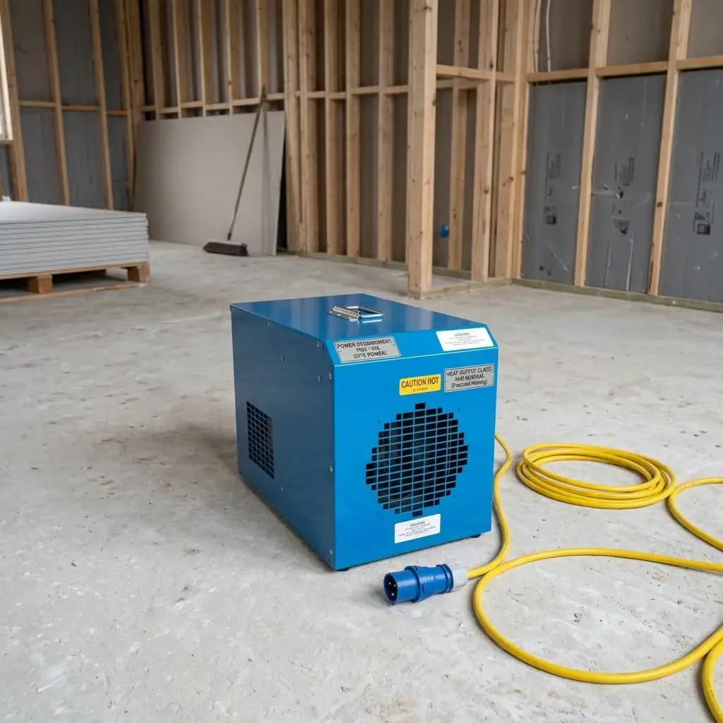 3kW 110v Fan Heater Hire London | 110V 32A Industrial Site Heater 7 110V site fan heater hire – operative placing 3kW heater on workbench with 110V cable