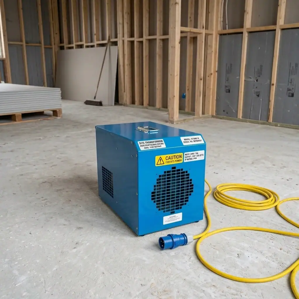 3kW 110v Fan Heater Hire London | 110V 32A Industrial Site Heater 3 110V fan heater hire London – operative placing 3kW site heater on construction site floor