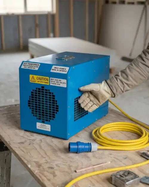 110V 3kW site fan heater hire – steel casing with carry handle and front fan grille