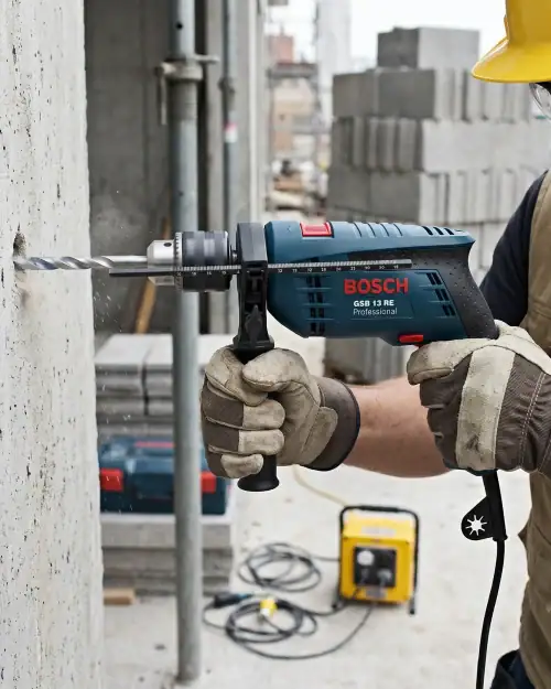 Construction worker drilling into concrete wall with 110V percussion drill on site