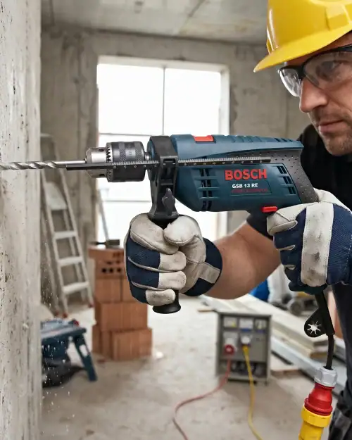 110V percussion drill hire London side profile showing Bosch GSB 13 RE site-safe hammer drill in use
