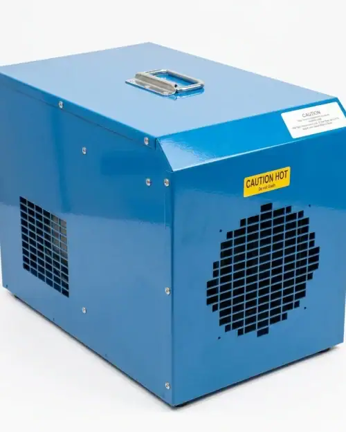 3kW 110v Fan Heater Hire London | 110V 32A Industrial Site Heater 12 110V fan heater hire London – rear view of site heater on construction floor with 110V cable