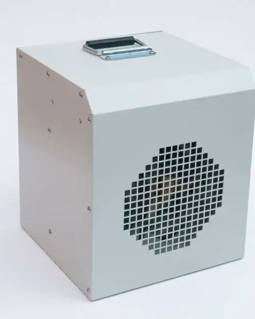 Broughton 3kW 240V fan heater hire London – steel casing with carry handle and front fan grille