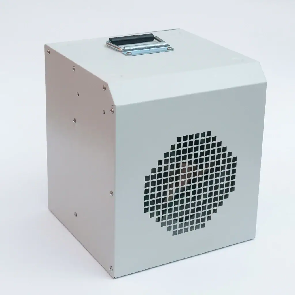 3kW Fan Heater Hire London | Broughton Industrial 240V (UK Built) 2 Broughton 3kW 240V fan heater hire London – steel casing with carry handle and front fan grille